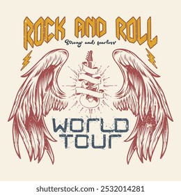 Eagle vintage vector t shirt design. Rock and roll with wing logo artwork for apparel and others.  Rockstar vector artwork, Wild and free, Rock and roll vector t-shirt design.  Freedom music tour