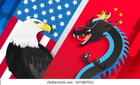 Eagle VS Dragon Vector illustration. Economic trade between USA and China concept.
