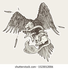 Eagle vs snake in skull in vector. Hand drawn illustration.