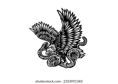 Eagle vs Snake vector black and white color, isolated in white