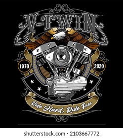 An Eagle And A V-twin Engine, T-shirt Design, Biker, Motorcycle Club, Patch, Naked Bike, Cool Helmet, Arai, Shoei, Ls2, Agv, Shovelhead Engine, Panhead, Knucklehead, Nmax, Aerox, Xmax