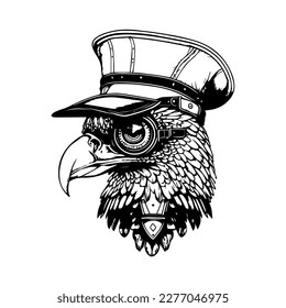 eagle wearing steampunk hat line art hand drawn illustration