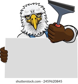 An eagle window cleaner or car wash cleaning cartoon mascot man holding a squeegee washing tool