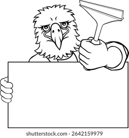 An eagle window cleaner or car wash cleaning cartoon mascot man holding a squeegee washing tool