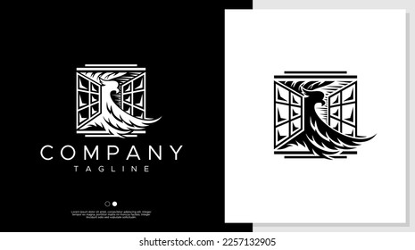 Eagle and window logo design template. Artistic eagle flying logo vector.