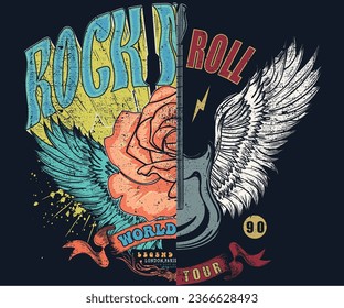 Eagle wing artwork. Rock and roll vector graphic print design for apparel, stickers, posters, background and others. Rebel rock music poster. Wild and free t-shirt design. Rock star.