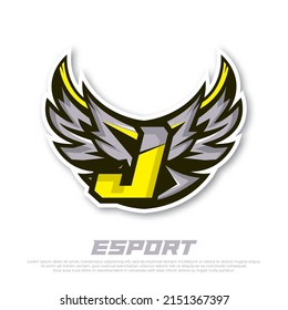 Eagle wing esport logo letter J design template, bird esport logo illustration, initial esport logo.