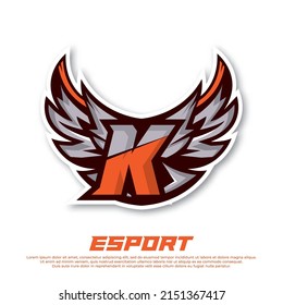 Eagle wing esport logo letter K design template, bird esport logo illustration, initial esport logo.