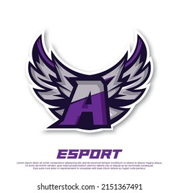 Eagle wing esport logo letter A design template, bird esport logo illustration, initial esport logo.