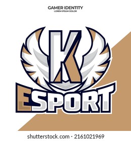 Eagle wing esport logo letter K design template, bird esport logo illustration, initial esport logo.