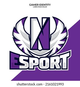 Eagle wing esport logo letter N design template, bird esport logo illustration, initial esport logo.