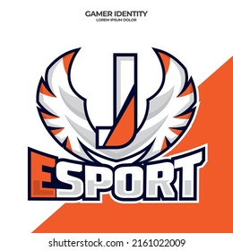 Eagle wing esport logo letter J design template, bird esport logo illustration, initial esport logo.