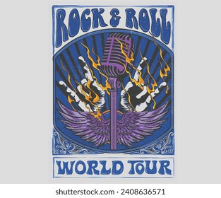 Eagle wing and fire design. Microphone music poster design. Rock and roll vintage print design. Guitar vector artwork for apparel, stickers, posters, background and others. Rock world tour artwork. 