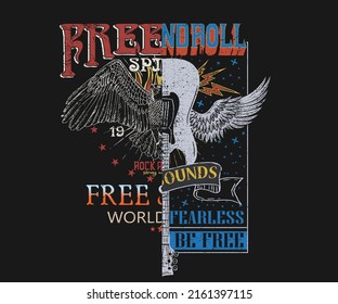 Eagle wing and guitar vector print design for t shirt and others. Wild animal graphic print design for apparel, stickers, posters, background . Music band artwork.