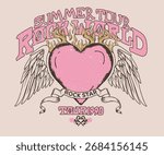 Eagle wing with heart. Rock and roll graphic print design for apparel, stickers, posters and background. Rock star design. Eagle fly vector artwork for t shirt and others.
