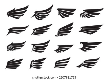 Eagle wing icons, angel wing tattoo and bird feather silhouettes, vector heraldic symbols. Wings emblem of angel or eagle, freedom and power signs, dove bird feathers for aviation and royal heraldry