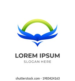 eagle wing logo, eagle and wing, combination logo with 3d blue and green color style