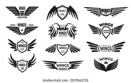 Eagle wing logo, wings with shield badge, pilot winged emblem. Black military insignia, flying falcon army label, angel wings logos vector set. Feathered stylized tattoo or logotype