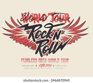 Eagle wing. Rock and roll tour t shirt print design. Rockstar vector artwork. Rebel eagle graphic illustration. Music poster.