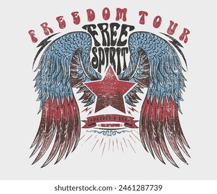 Eagle wing vector t-shirt design. Freedom music tour. Free spirit vintage artwork. America eagle rock and roll poster design. Music festival artwork.