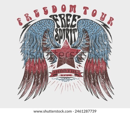 Eagle wing vector t-shirt design. Freedom music tour. Free spirit vintage artwork. America eagle rock and roll poster design. Music festival artwork.