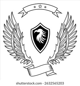 Eagle with wings, ribbon and Shield vector illustration on white background.