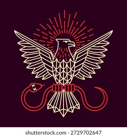 Águia com Asas Espalhadas, agarrando uma Cobra morta em suas garras. Ilustração da arte da linha do vetor. Fácil de Mudar de Cores. Liberdade, desenvolvimento pessoal, renascimento, ressurreição, elevar, evoluir, vencer, sucesso.