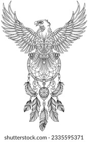 Eagle with wings spread and holding native indian  dreamcatcher, head turned in profile. Front view, vertical. Traditional outline tattoo. Black and white vector illustration