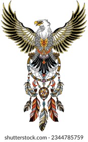 Eagle with wings spread and holding native indian  dreamcatcher, head turned in profile. Front view, vertical. Traditional tattoo. Vector illustration