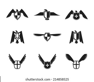Eagle wings spread lift up and open symbolic protective imperial shield pictograms collection black isolated vector illustration.