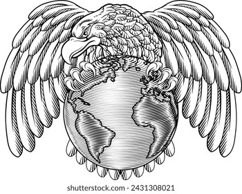 An eagle world globe map earth global planet woodcut concept