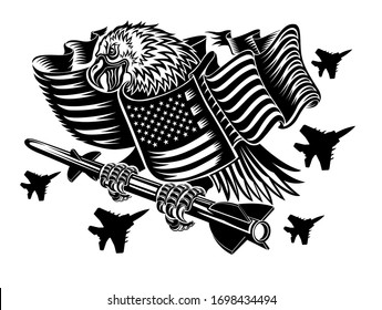 Eagle wrapped up in american flag with reactive missile in his claws