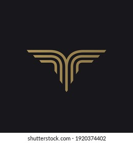 Eagle-looking T logo. Gold color on black background. Vector symbol