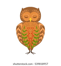 Eagle-Owl Relaxed Cartoon Wild Animal With Closed Eyes Decorated With Boho Hipster Style Floral Motives And Patterns