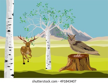 Eagle-Owl sitting on stump and running deer, birch trees, vector illustration of wildlife