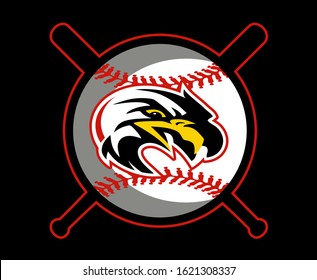 eagles baseball team design with mascot head inside ball and crossed bats for school, college or league
