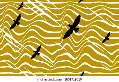Eagles flying over desert seamless background, vector wallpaper seamless pattern, lined optical design.