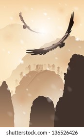 Eagles flying over mountains