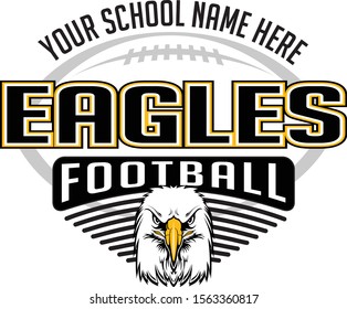 Eagles Football Concept is a team design template that includes a football, an eagles mascot head and text that says eagles football. Great for t-shirt.