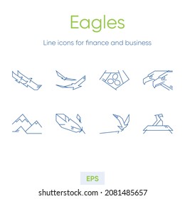 Eagles, Hawks, Falcons icon set. Animal themed line icons. Minimalist style in monoline vector. Feather and nest