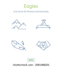 Eagles, Hawks, Falcons icon set. Animal themed line icons. Minimalist style in monoline vector. Feather and nest