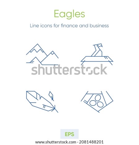 Eagles, Hawks, Falcons icon set. Animal themed line icons. Minimalist style in monoline vector. Feather and nest