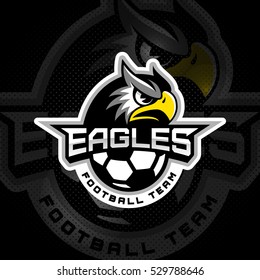 Eagle's head logo for a soccer team on a black background. Vector illustration.