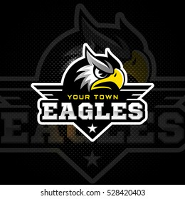 Eagle's head logo for a sport team on a black background. Vector illustration.