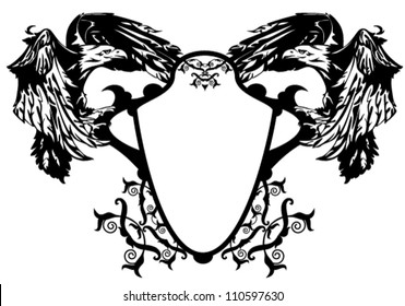 eagles holding heraldic shield - black and white vector illustration