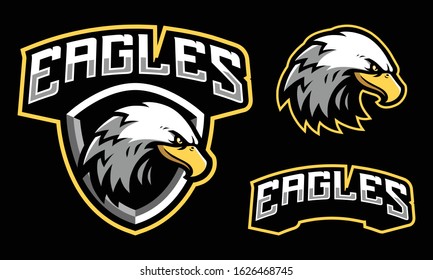 Eagles mascot logo design isolated on black background with extra shield