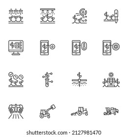 E-agriculture line icons set, outline vector symbol collection, linear style pictogram pack. Signs, logo illustration. Set includes icons as smart farming technology, Automatic Watering system, plant