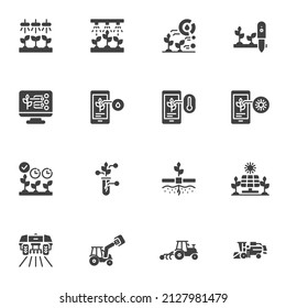 E-agriculture vector icons set, modern solid symbol collection, filled style pictogram pack. Signs, logo illustration. Set includes icons as smart farming technology, Automatic Watering system, plant