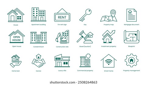 Conjunto de ícones: Casa, Apartamento Edifício, Para Alugar Sinal, Chave, Mapa de imóveis, Documento hipotecário, Casa aberta, Condomínio, Local de construção, Leilão, Propriedade de investimento, Planta