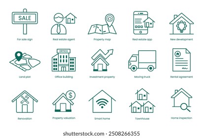 Conjunto de iconos de Vector inmobiliario: En Venta, Cartel, Agente inmobiliario, Mapa de la propiedad, App inmobiliario, Desarrollo Nuevo, Terreno, Edificio de oficinas, Propiedad de inversión, Camión de mudanza, Acuerdo de alquiler 